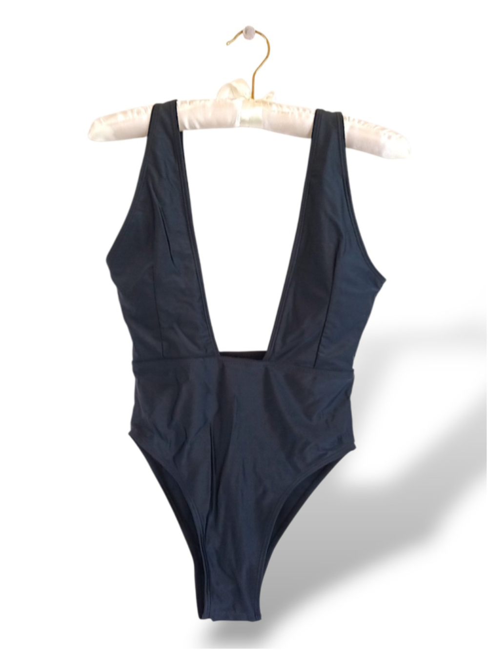 Zaful Black Plunging Neckline One-Piece Swimsuit super sexy lined high leg cut